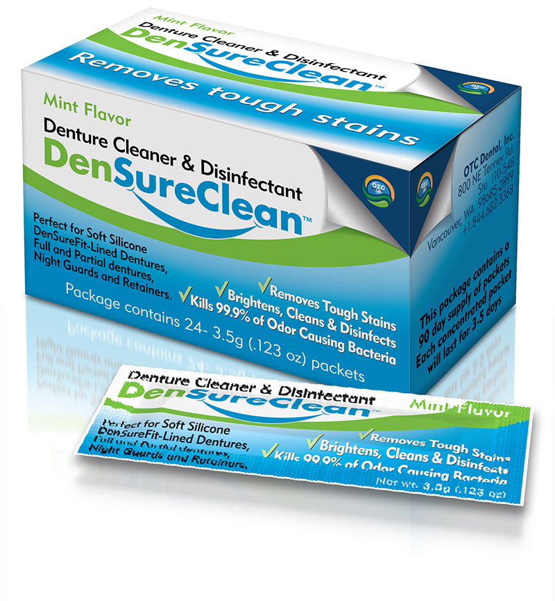 A box of DenSureClean denture cleaner with individual packets spilling out in front, highlighting mint flavor and various product benefits such as removing tough stains, brightening, cleaning, and disinfecting.